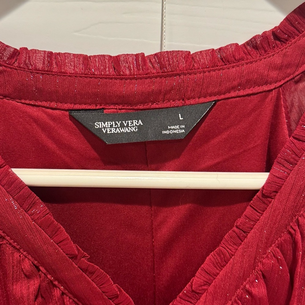 NEW Sz Large Simply Vera Deep Red Long Sleeve Dress Sheer Tiered Bow Feminine - Picture 6 of 12